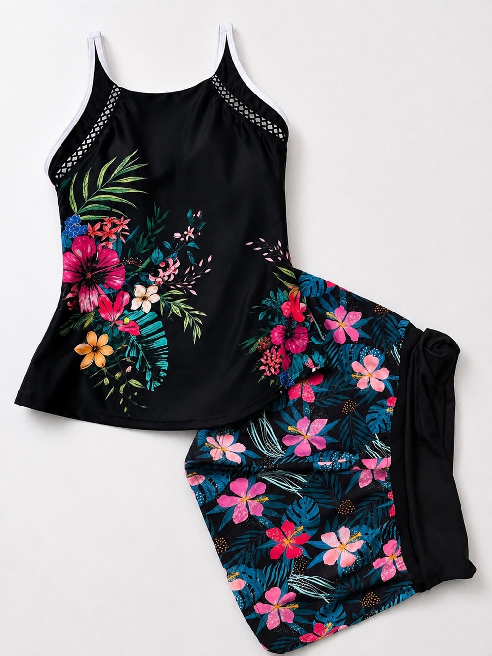 NWOT Black Tankini Swim Set Tropical Floral Bottoms Size M 8-10